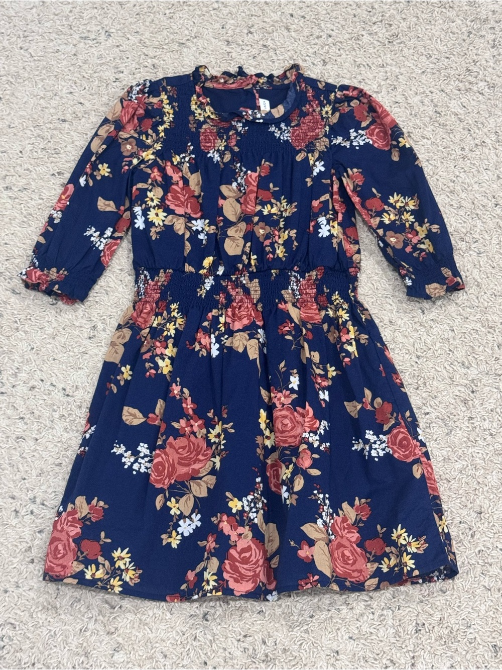 Janie and Jack Navy Floral Smocked-Waist Dress with Red and Tan Blooms
